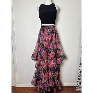 Blondie Nites Stacy Sklar Two Piece Prom Dress Set 11 Floral Mesh Tiered Ruffle